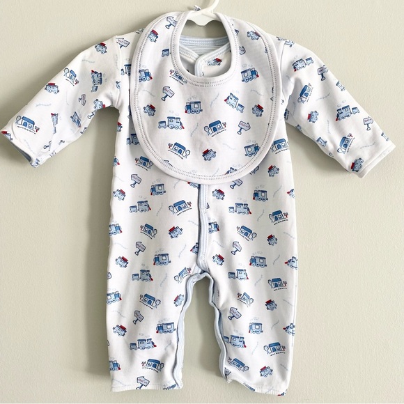 Baby Reversible Pima Cotton Train Print Outfit with Matching Bib - Picture 1 of 7